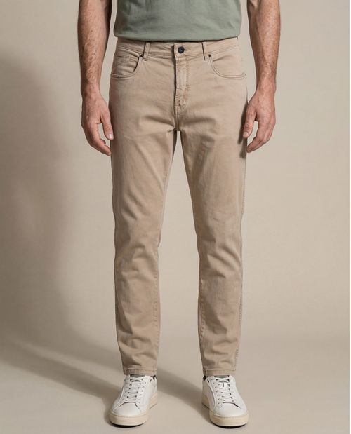 Pantalón de Hombre 5 Bolsillos Relaxed Fit Tiro Medio Tacto Peach con Reservas en Mezcla de Algodón