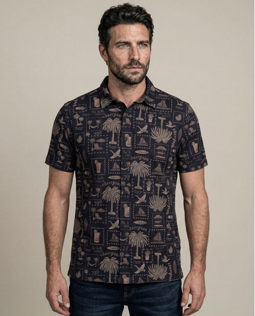 Camisa de Hombre Manga Corta Classic Fit Resort Estampado Continuo de Palmeras en Algodón