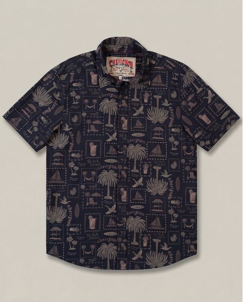Camisa de Hombre Manga Corta Classic Fit Resort Estampado Continuo de Palmeras en Algodón