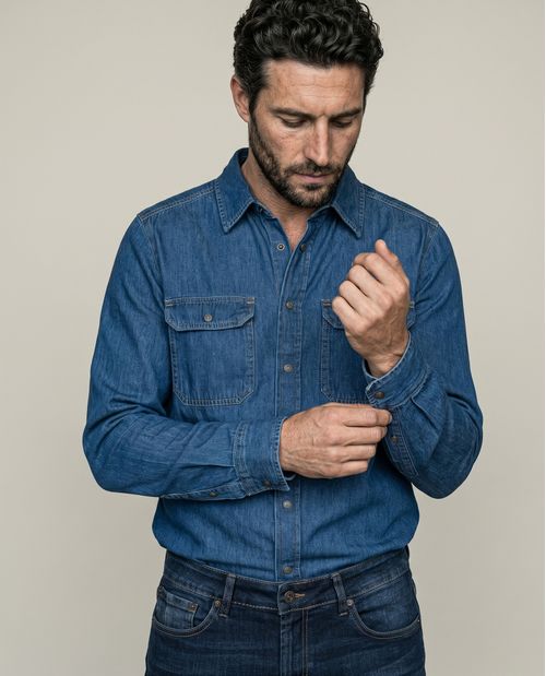 Camisa de Hombre en Denim, Classic Fit Manga Larga - Azul Oscuro