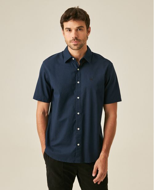 Camisa de Hombre Manga Corta Classic Fit Pato Bordado Tono a Tono en Mezcla de Algodón y Lino