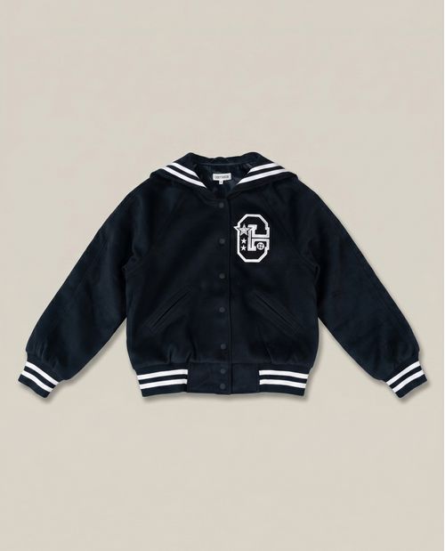 Chaqueta de Mujer Bomber Varsity Look Deportivo con Parches Crudo en Mezcla de Poliéster