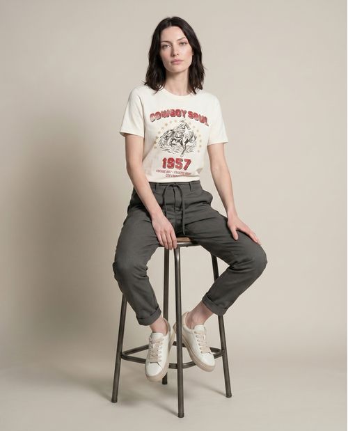 Pantalón de Mujer Chino Tiro Medio con Cinturón Punteras Metálicas Tela Oxford en Mezcla de Poliéster