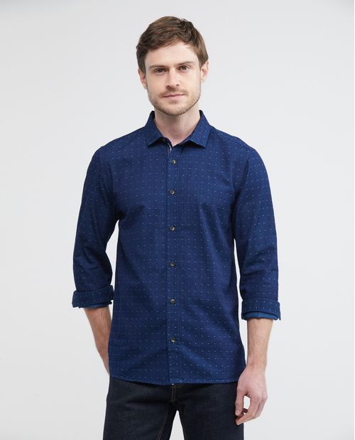 Camisa de Hombre, Slim Fit Manga Larga - 100% Algodón Dobby Puntos