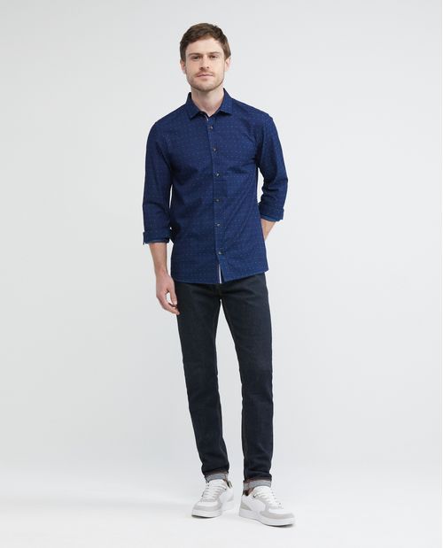 Camisa de Hombre, Slim Fit Manga Larga - 100% Algodón Dobby Puntos