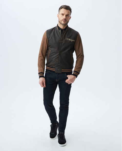 Chaqueta de Hombre en Cuero, Tipo Teddy - Mangas en Contraste