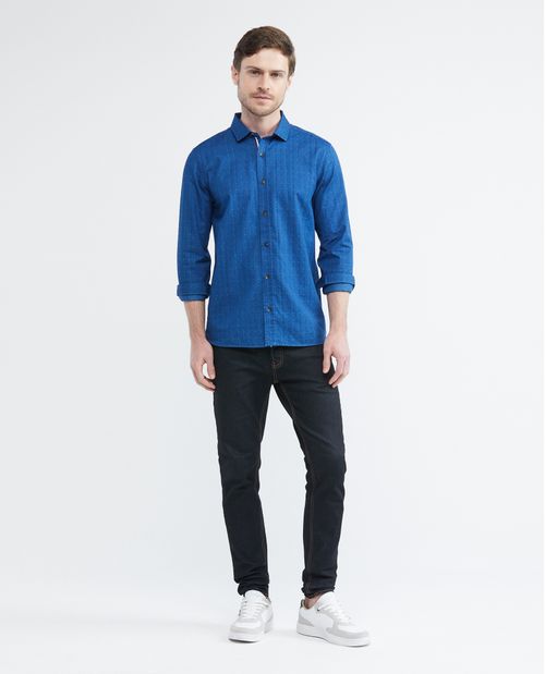 Camisa de Hombre, Slim Fit Manga Larga - 100% Algodón Dobby Puntos