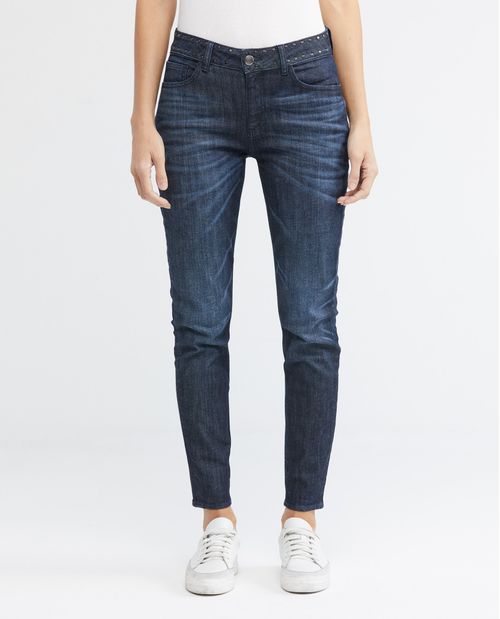 Jean de Mujer High Rise, Cosmo, Bota Skinny - Azul Oscuro + Taches
