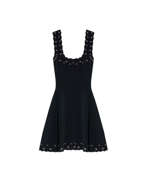 Vestido de Mujer Corto Tejido sin Mangas Silueta Acampanada Ojaletes Metálicos en Mezcla de Viscosa