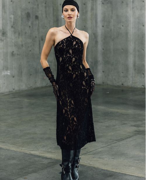 Vestido de Encaje con Cuello Halter para Mujer - Colombiamoda