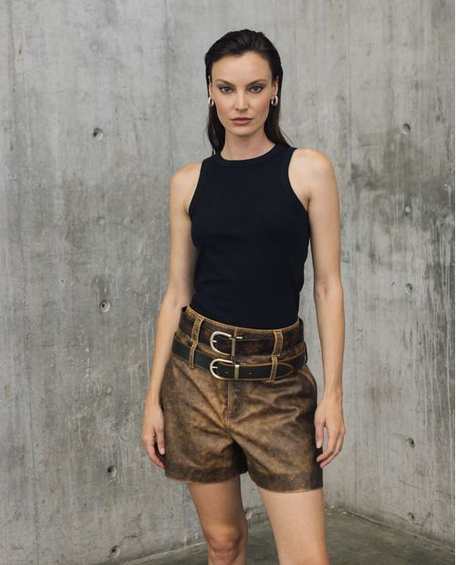 Short de Cuero Doble Pretina Efecto Desgastado para Mujer - Colombiamoda