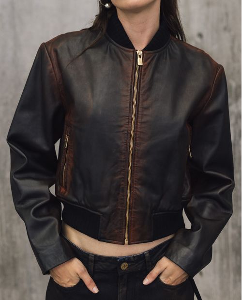 Chaqueta Cropped de Cuero Efecto Envejecido para Mujer - Colombiamoda