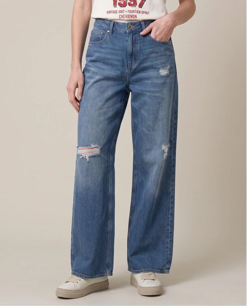 Jean Wide Leg High Rise Bota Relaxed Azul Medio con Rotos para Mujer