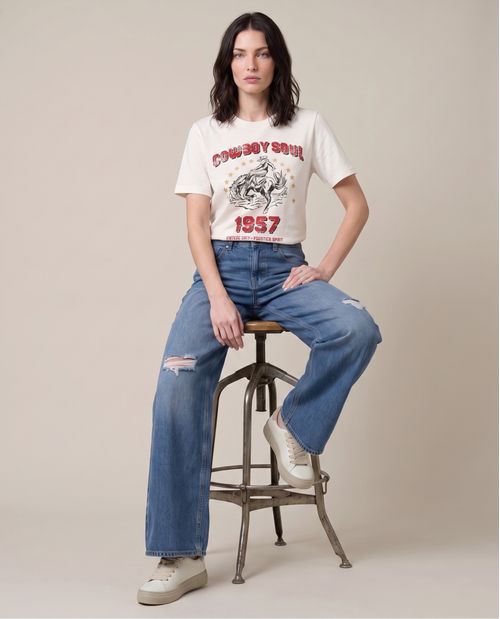 Jean Wide Leg High Rise Bota Relaxed Azul Medio con Rotos para Mujer