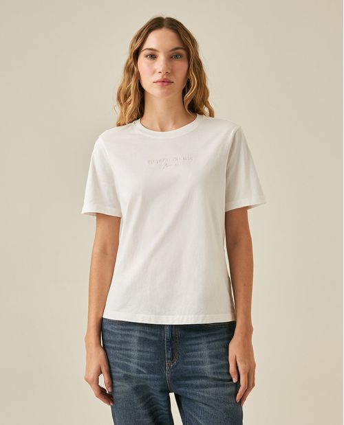 Camiseta de Mujer Gráfica Slim Fit Cuello Redondo con Bordado Tipográfico en Algodón