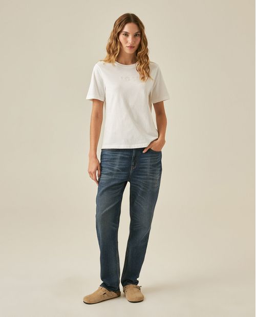 Camiseta de Mujer Gráfica Slim Fit Cuello Redondo con Bordado Tipográfico en Algodón