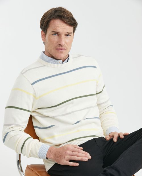 Suéter Tejido para Hombre, Cerrado Cuello Redondo - Rayas Multicolor