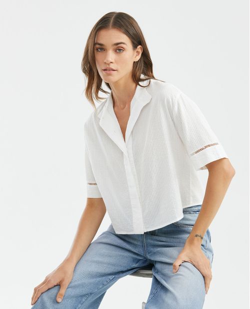 Camisa de Mujer, Silueta Recta Manga Corta Cuello Alto - Textura Rayas