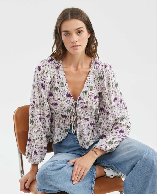 Blusa de Mujer, Tipo Crop Manga Larga Escote en V Bolero Tipo Peplum - Mini Print Flores