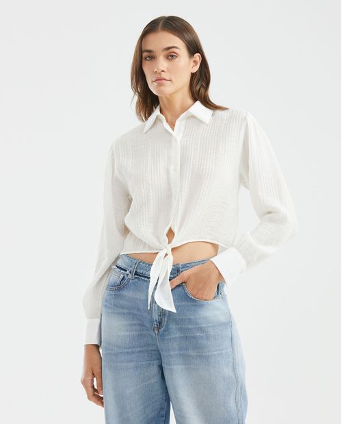 Camisa de Mujer, Silueta Recta Manga Corta Cuello Alto - Textura Rayas