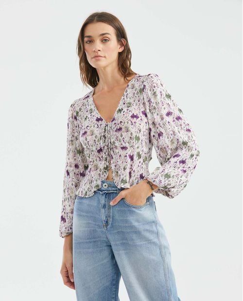Blusa de Mujer, Tipo Crop Manga Larga Escote en V Bolero Tipo Peplum - Mini Print Flores
