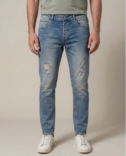 Jean Heritage de Hombre Skinny Fit Tiro Bajo Lavado Medio Desgaste Vintage y Reparaciones en Mezcla de Algodón Rider
