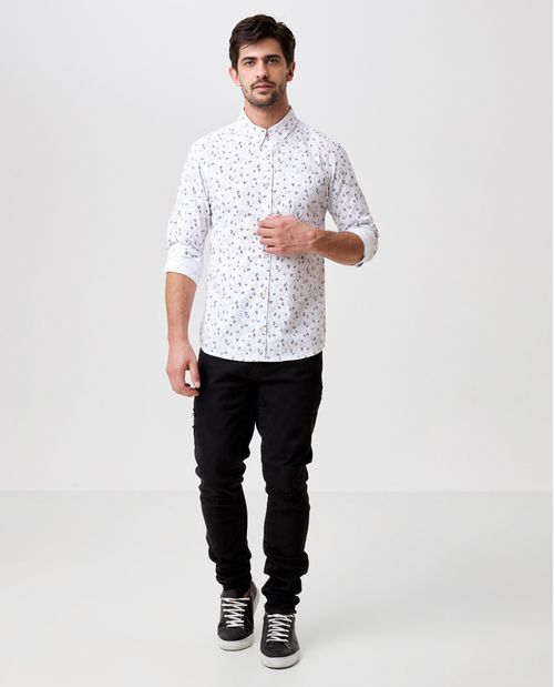 Camisa de Hombre, Slim Fit Manga Larga - Mini Print Flores Blanco y Negro