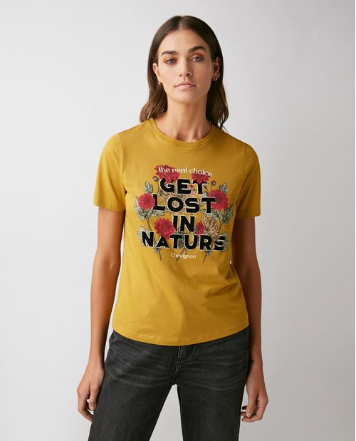 Camiseta Gráfica de Mujer, Manga Corta Cuello Redondo - Diseño Botánico Estampado Textil y Flock