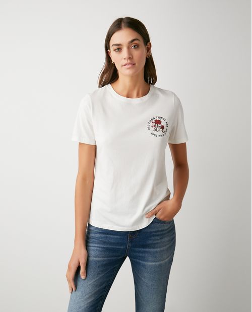 Camiseta Gráfica de Mujer, Manga Corta Cuello Redondo - Diseño Botánico Estampado en Frente y Espalda