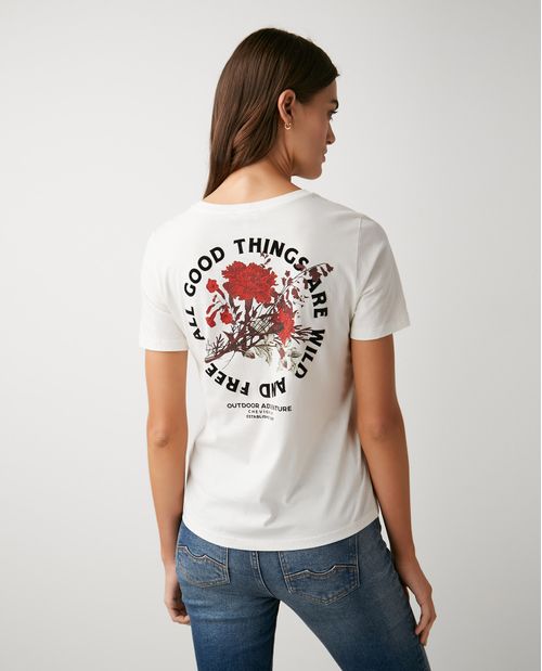 Camiseta Gráfica de Mujer, Manga Corta Cuello Redondo - Diseño Botánico Estampado en Frente y Espalda